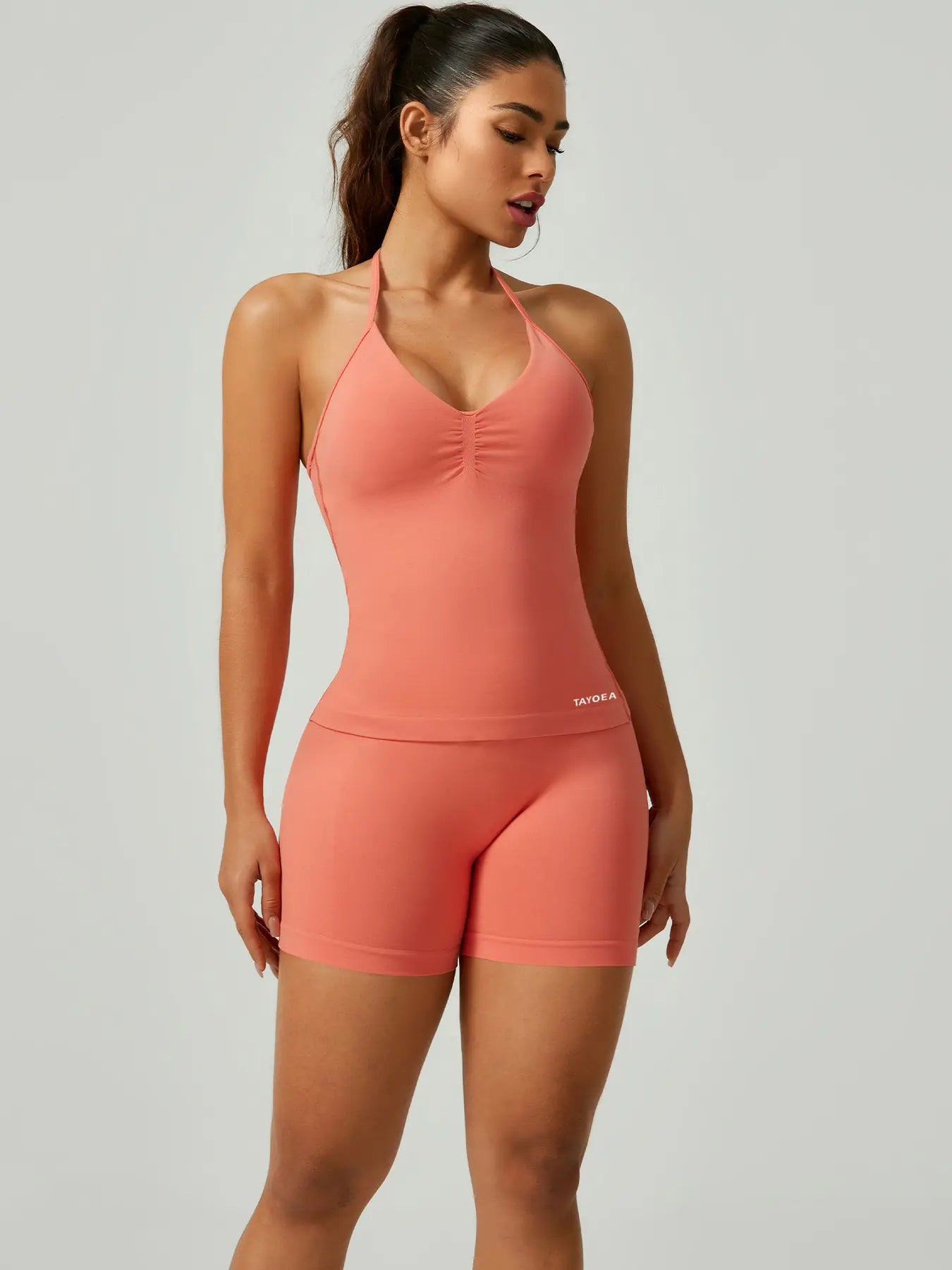 Women'S V-Neck Seamless Sports Bra & High-Waisted Yoga Shorts Set, Breathable Gym Running, Comfortable Fitness Wear