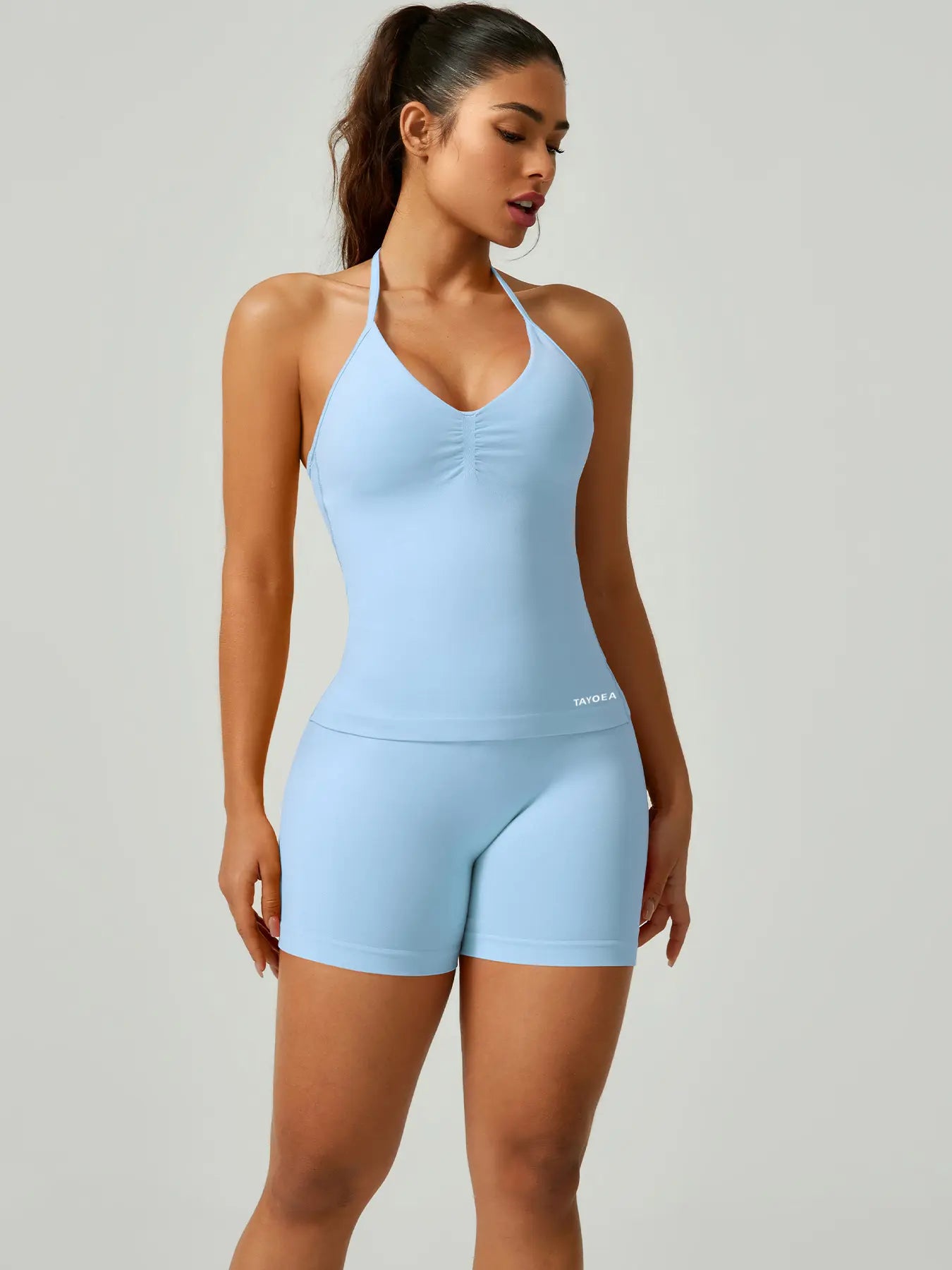 Women'S V-Neck Seamless Sports Bra & High-Waisted Yoga Shorts Set, Breathable Gym Running, Comfortable Fitness Wear