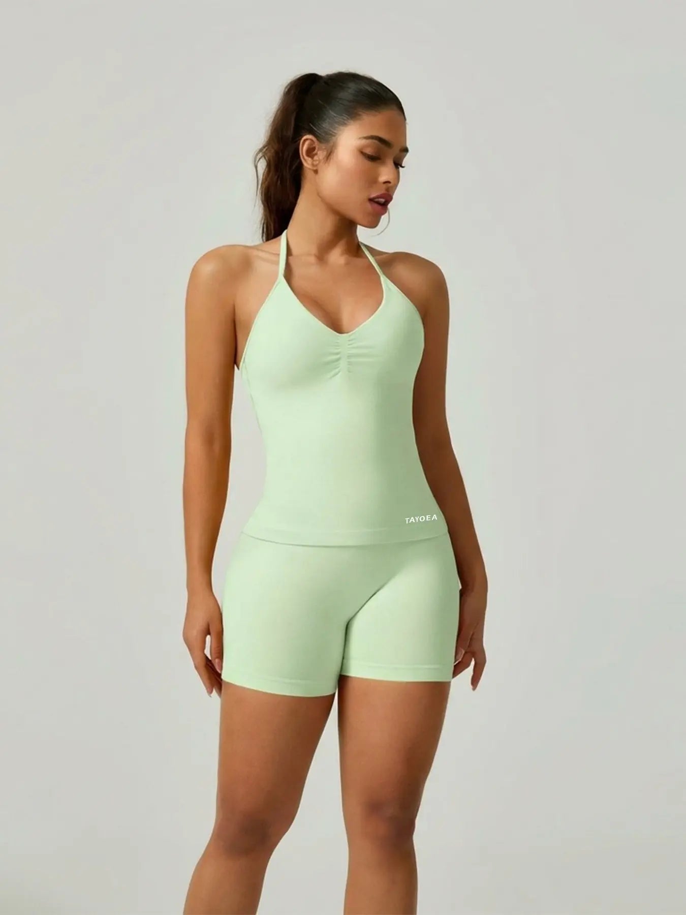 Women'S V-Neck Seamless Sports Bra & High-Waisted Yoga Shorts Set, Breathable Gym Running, Comfortable Fitness Wear
