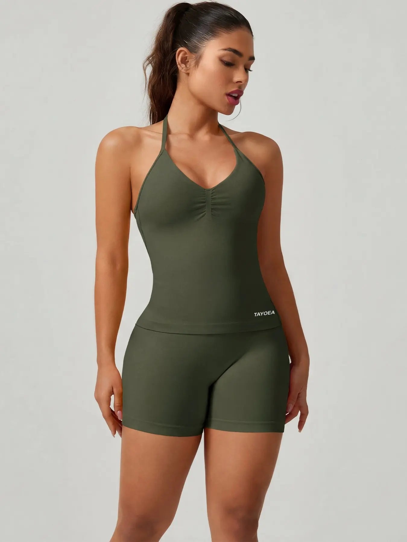 Women'S V-Neck Seamless Sports Bra & High-Waisted Yoga Shorts Set, Breathable Gym Running, Comfortable Fitness Wear