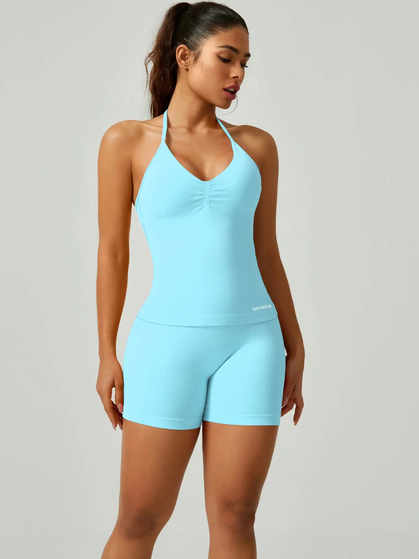 Women'S V-Neck Seamless Sports Bra & High-Waisted Yoga Shorts Set, Breathable Gym Running, Comfortable Fitness Wear