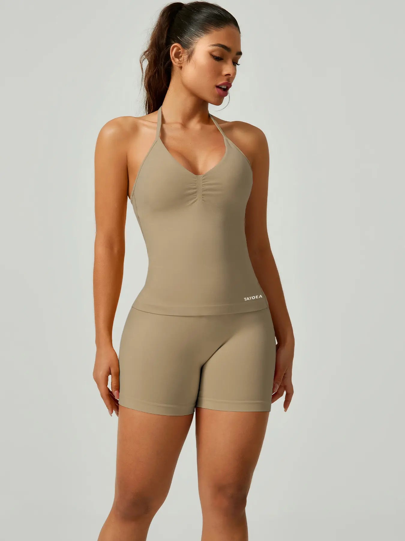 Women'S V-Neck Seamless Sports Bra & High-Waisted Yoga Shorts Set, Breathable Gym Running, Comfortable Fitness Wear