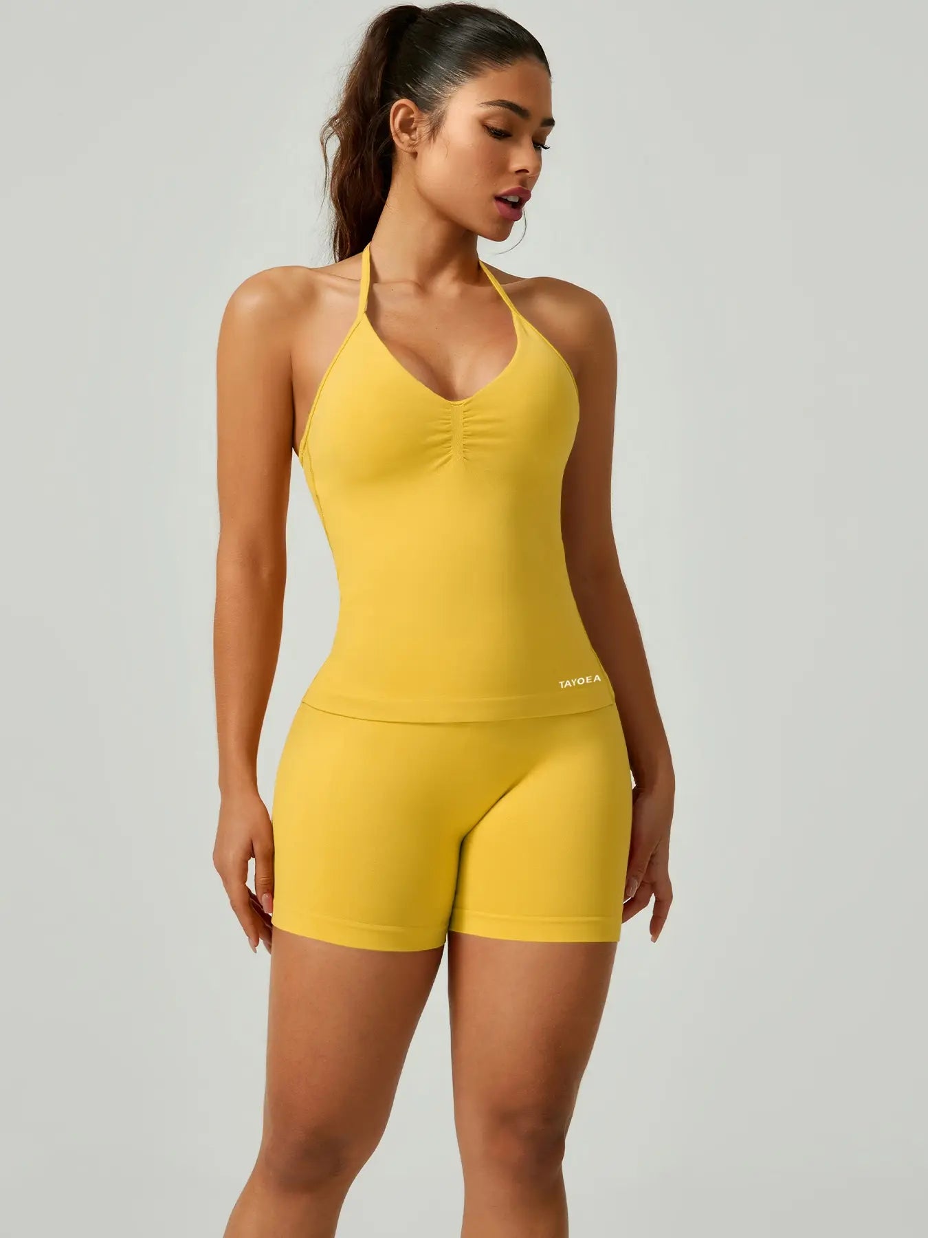 Women'S V-Neck Seamless Sports Bra & High-Waisted Yoga Shorts Set, Breathable Gym Running, Comfortable Fitness Wear