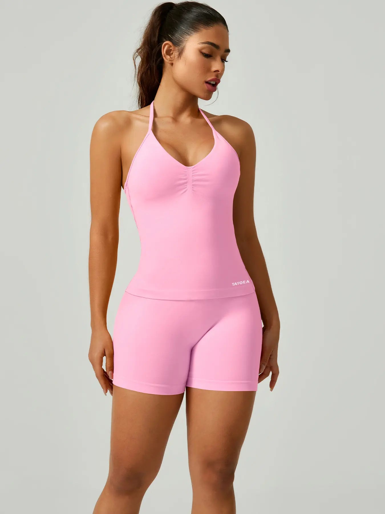 Women'S V-Neck Seamless Sports Bra & High-Waisted Yoga Shorts Set, Breathable Gym Running, Comfortable Fitness Wear