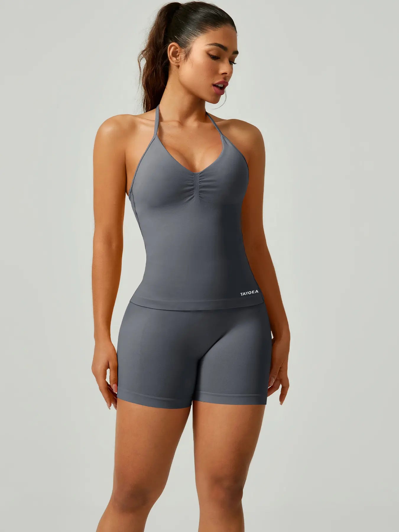 Women'S V-Neck Seamless Sports Bra & High-Waisted Yoga Shorts Set, Breathable Gym Running, Comfortable Fitness Wear