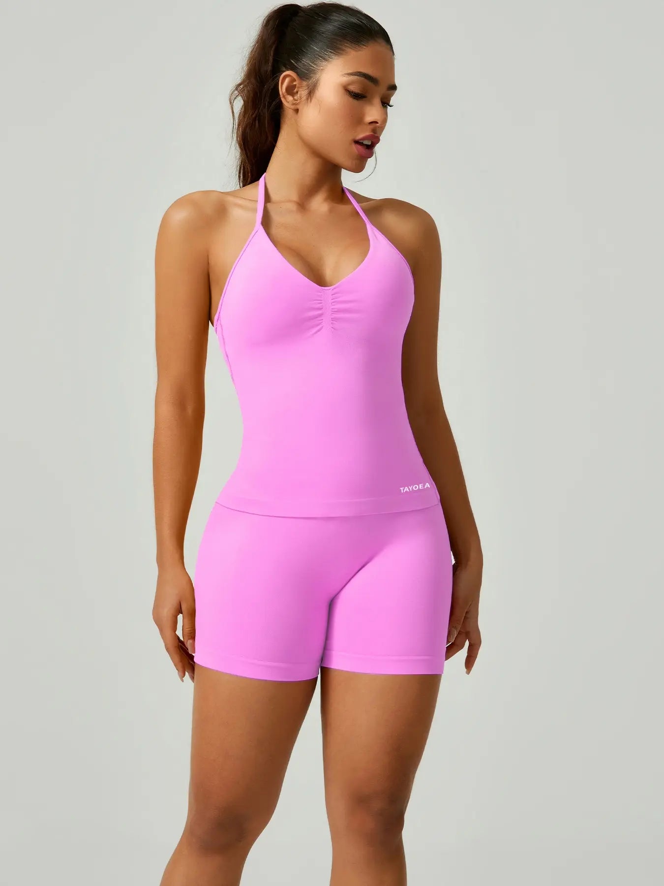 Women'S V-Neck Seamless Sports Bra & High-Waisted Yoga Shorts Set, Breathable Gym Running, Comfortable Fitness Wear
